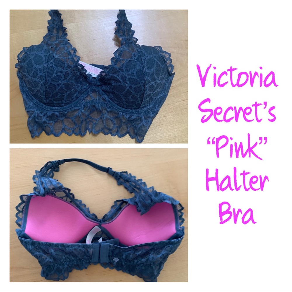 PINK  by Victoria Secret HALTER Gray Lacey Bra Size XS